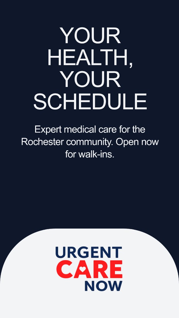 Urgent Care Now promo: your health, your schedule. Open now for walk-ins.